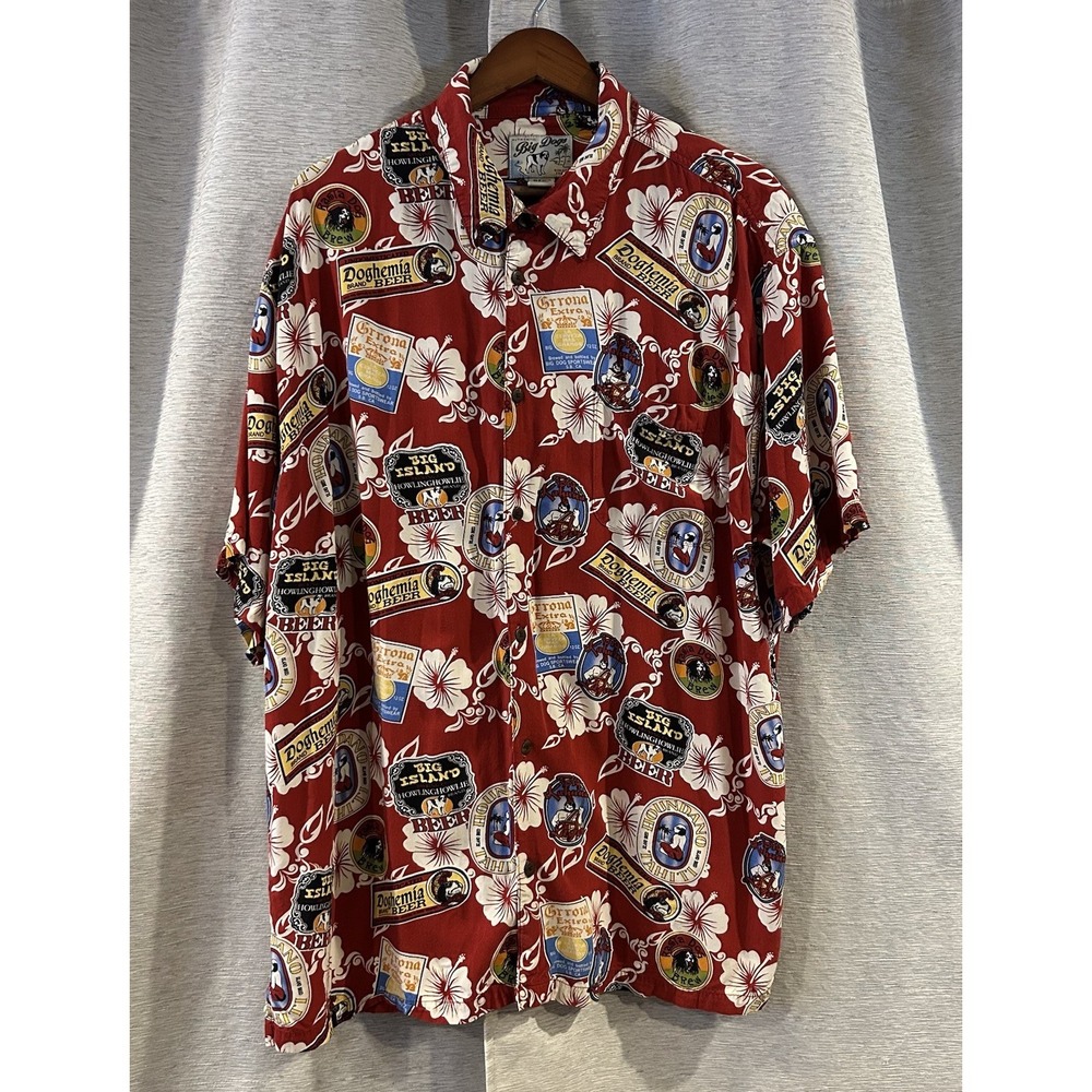 Big Dogs Mens Resort Wear Dog Beer Print‎ Button Up Hawaiian Shirt XL